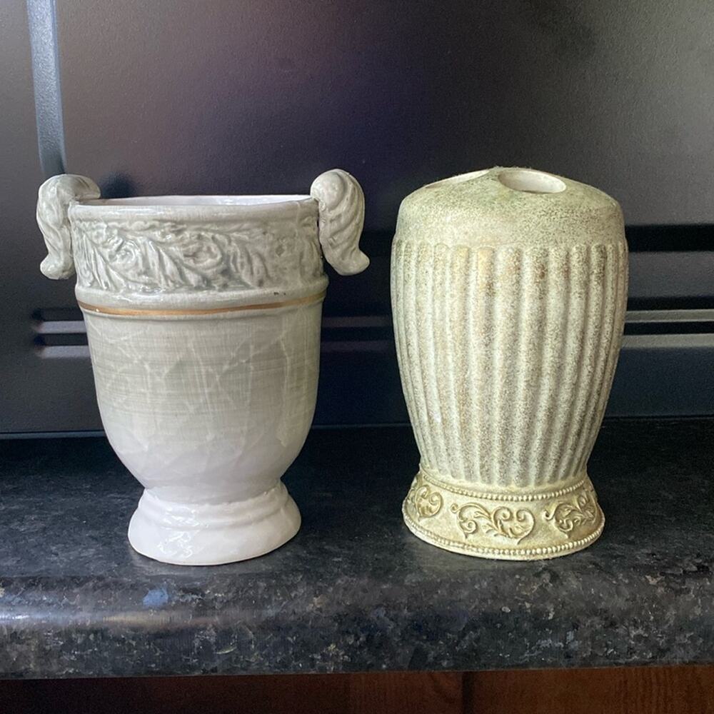 Chateau gold and Sage green bathroom toothbrush holder and cup vase
